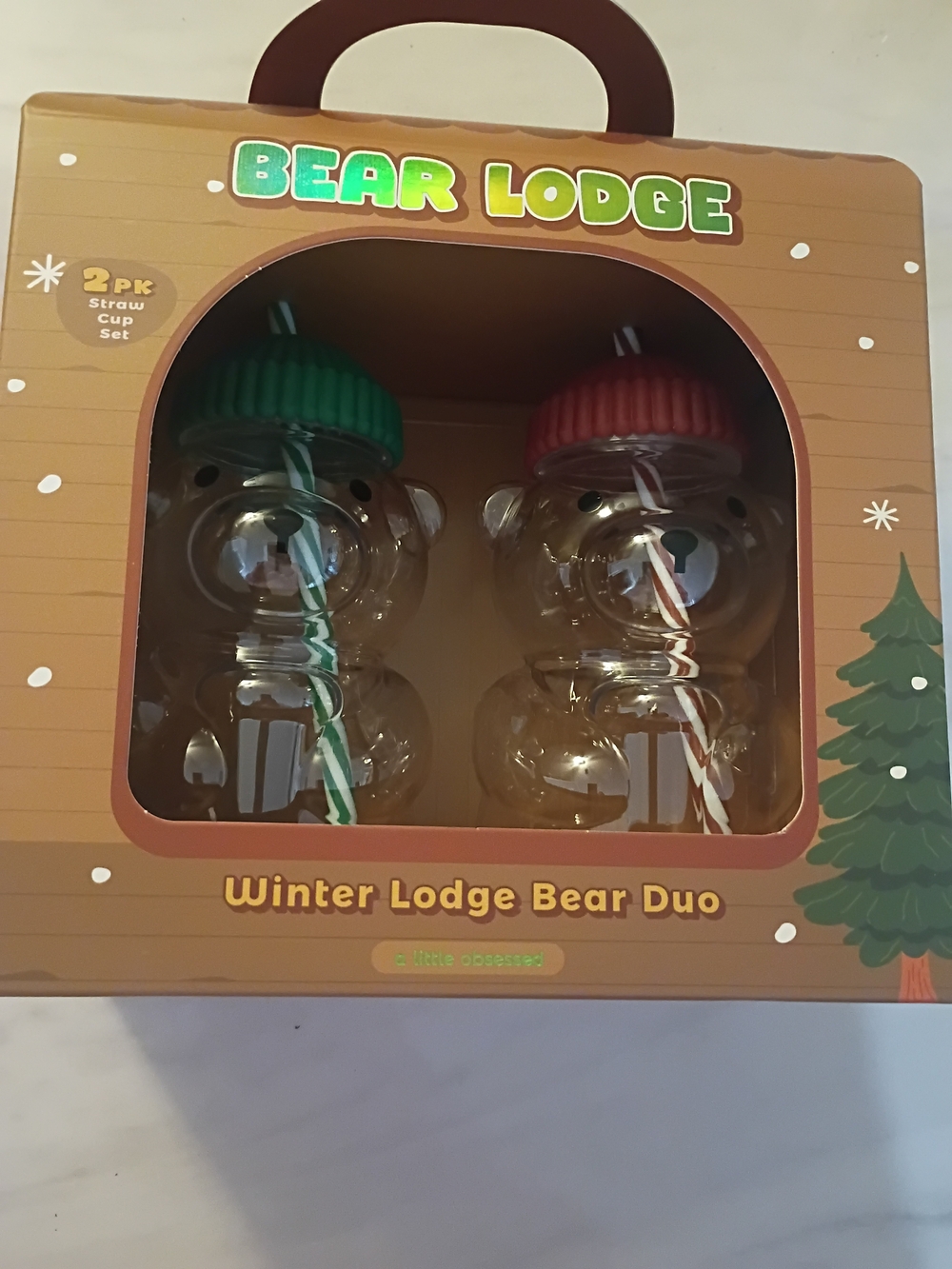 Holiday Bear Straw Cup Set - Green & Red